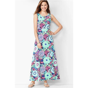 Talbots Maxi Dress M Petite Filigree Floral Sleeveless Jersey Knit Stretch Mod